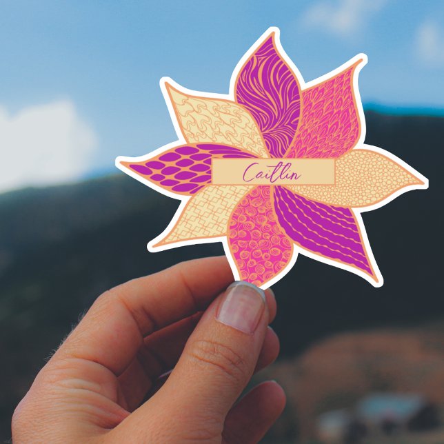 Autocollant personnalisé de nom de fleur heureux (Personalized Happy Flower Custom Cut Sticker in Pink)