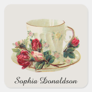 Autocollant personnalisé de tasse à thé et de rose