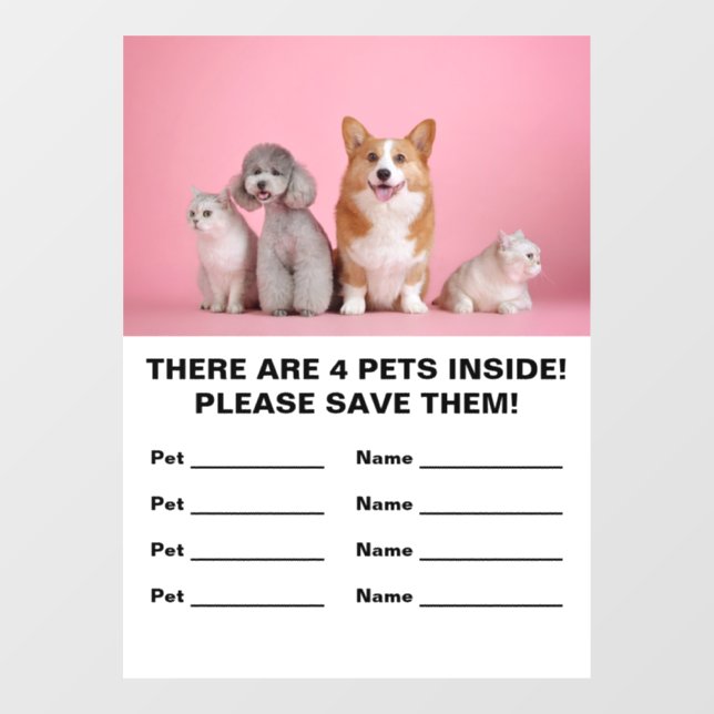 Autocollant Pour Fenêtre 4 Secourt d'urgence pour animaux domestiques (Feuille)