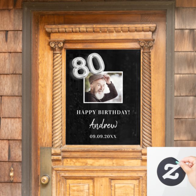 Autocollant Pour Fenêtre 80e anniversaire fête noir photo nom mec (Porte d'accueil)