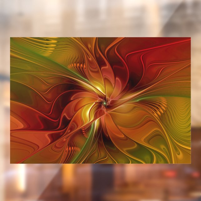 Autocollant Pour Fenêtre Abstrait Rouge Orange Brown Vert Fractal Art Flowe (Feuille 2)