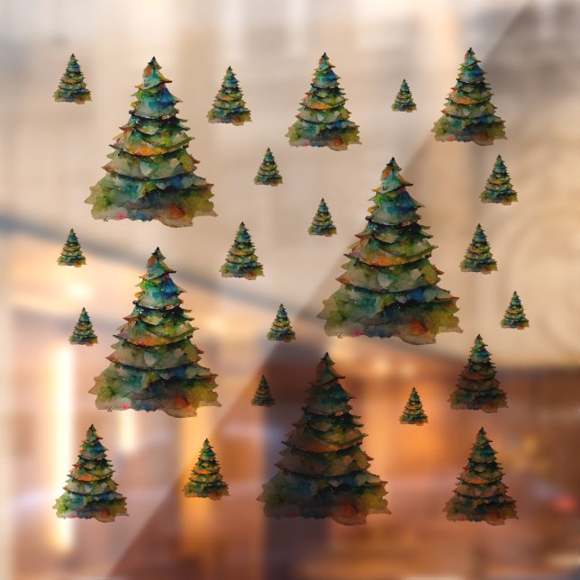 Autocollant Pour Fenêtre Aquarelle Noël Arbres Festif Motif de vacances (Feuille 2)