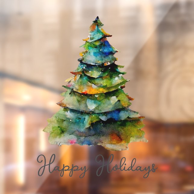 Autocollant Pour Fenêtre Arbre de Noël Aquarelle Pine Joyeux vacances (Feuille 2)