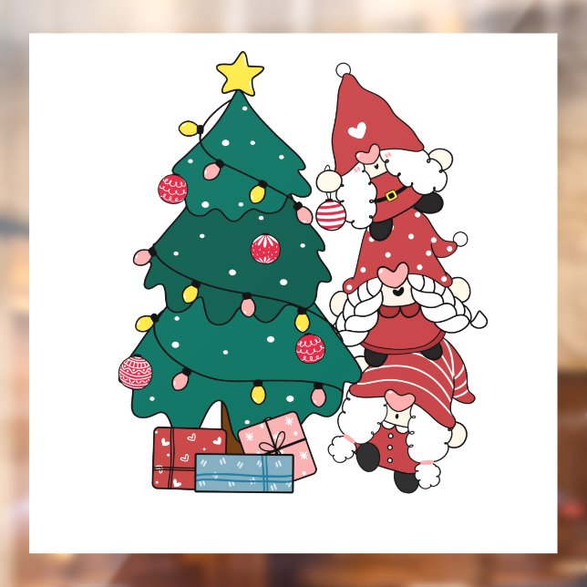 Autocollant Pour Fenêtre Arbre de Noël et Gnomes (Feuille 2)