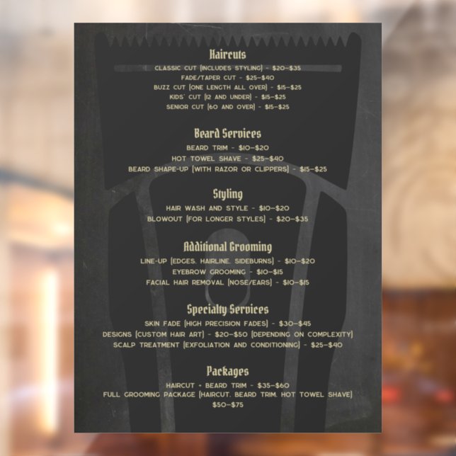 Autocollant Pour Fenêtre Barber Shop Barbershop Tarifs Menu Service (Feuille 2)