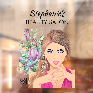 Autocollant Pour Fenêtre Belle fille & Salon de beauté Fleur avec code QR