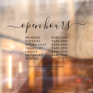 Autocollant Pour Fenêtre Black Business Horaires d'ouverture Élégant Script