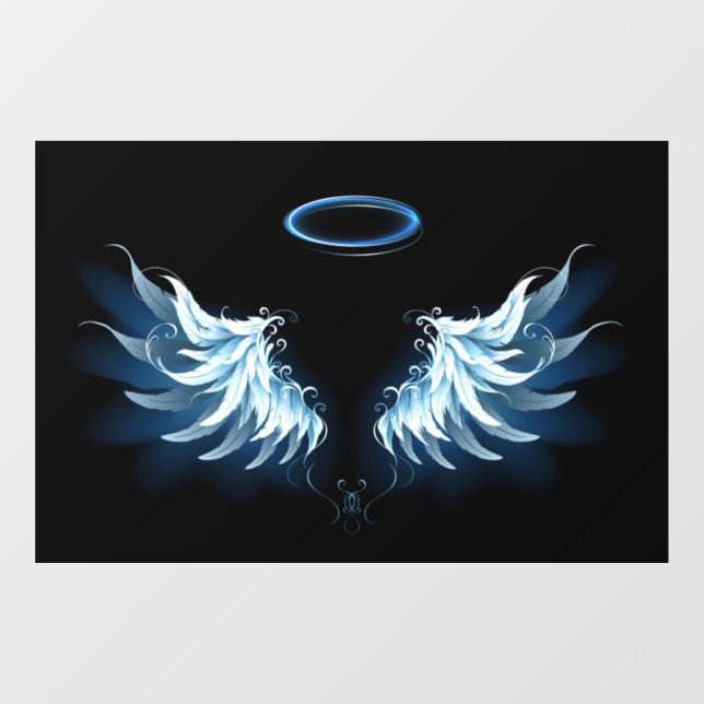 Autocollant Pour Fenêtre Blue Glowing Angel Wings on black background (Feuille)