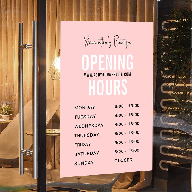 Autocollant Pour Fenêtre Boutique moderne rose simple Heures d'ouverture (Modern blush pink opening hours window cling sign with fully editable text and colors)
