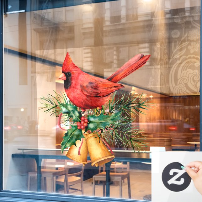 Autocollant Pour Fenêtre Cardinal Rouge avec cloches de Noël (Fenêtre de café)