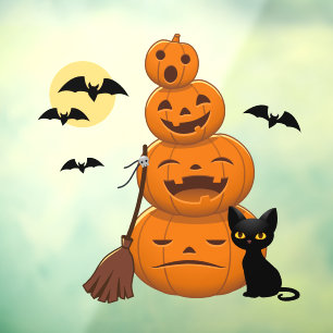Autocollant Pour Fenêtre Chat noir d'Halloween et pile de citrouilles