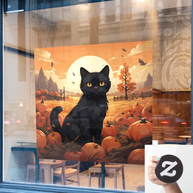 Autocollant Pour Fenêtre Chat noir et Citrouille (Fenêtre de café)