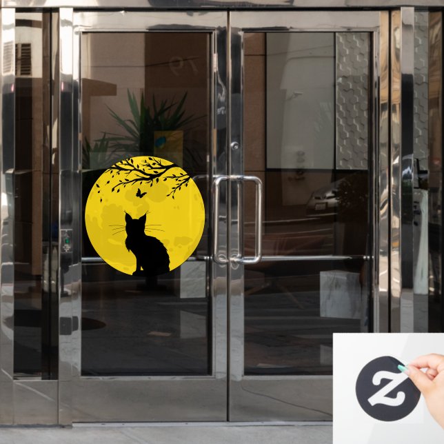 Autocollant Pour Fenêtre Chat noir Lune jaune (Porte de bureau)