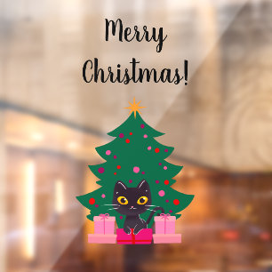 Autocollant Pour Fenêtre Chat noir mignon & XmasTree Joyeux texte de Noël