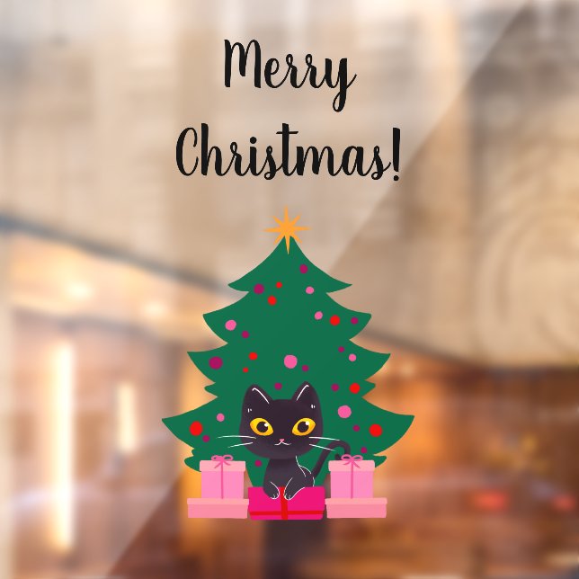 Autocollant Pour Fenêtre Chat noir mignon & XmasTree Joyeux texte de Noël (Feuille 2)