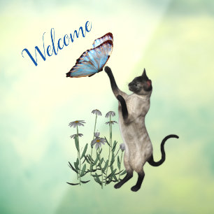 Autocollant Pour Fenêtre Chat Siamois Avec Papillon Bleu Bienvenue