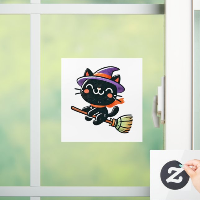 Autocollant Pour Fenêtre Chat sorcier mignon volant sur un balai - Hallowee (Maison)