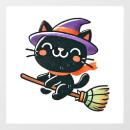 Autocollant Pour Fenêtre Chat sorcier mignon volant sur un balai - Hallowee