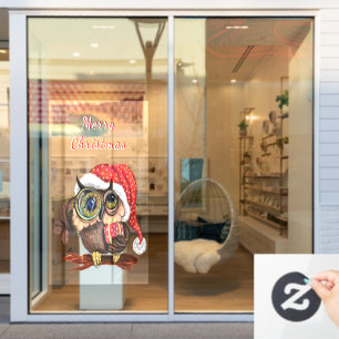 Autocollant Pour Fenêtre Chouette de bébé en Casquette de Noël et cadeaux p