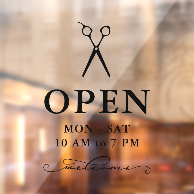 Autocollant Pour Fenêtre Ciseaux noirs minimaux Accueil Heures d'ouverture (Feuille 2)