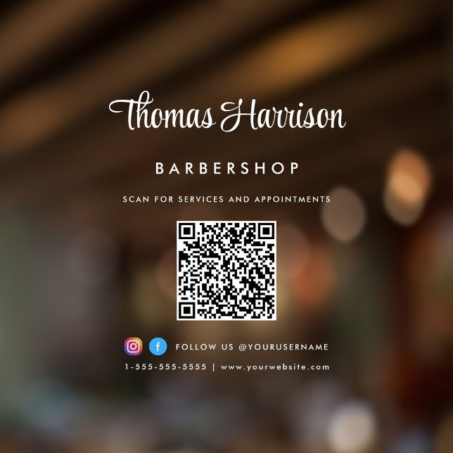 Autocollant Pour Fenêtre Code QR de signature élégante pour nom d'entrepris (Elevate your business with a custom logo, QR code and social media window cling sign)