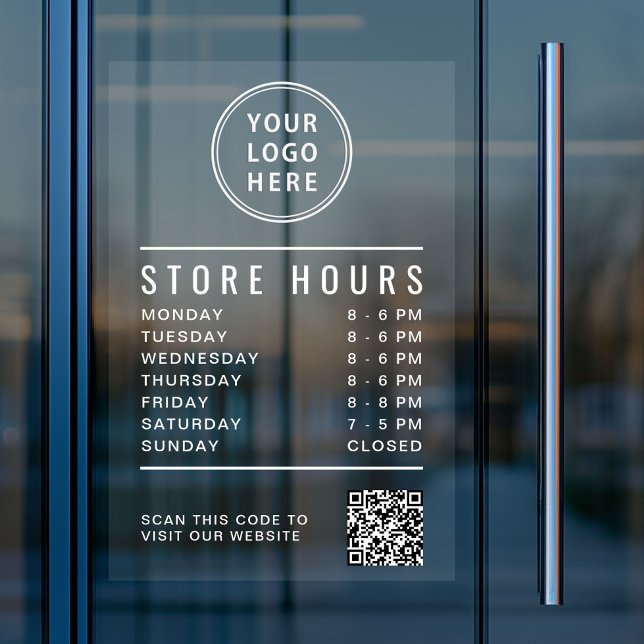 Autocollant Pour Fenêtre Code QR des heures d'ouverture de magasin Logo de  (Store Hours QR Code Business Logo White Lettering Window Cling)