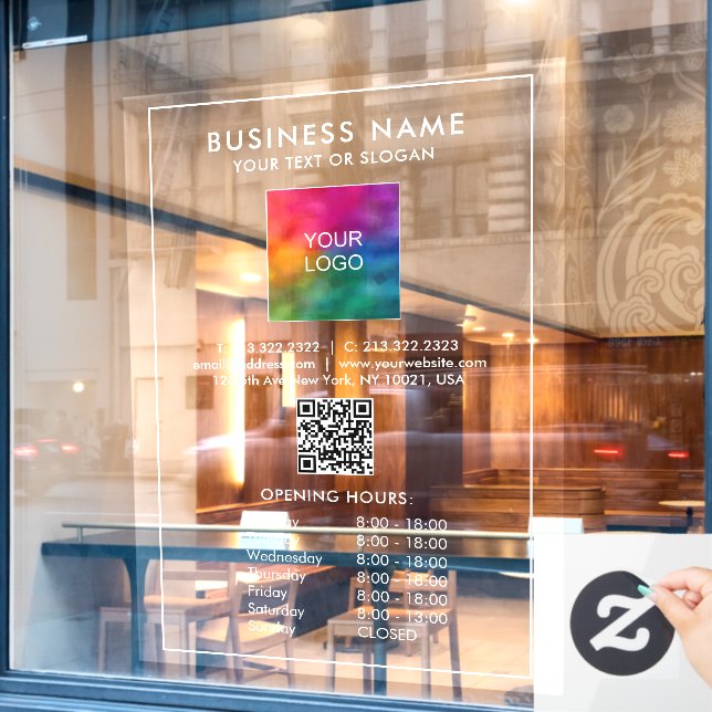 Autocollant Pour Fenêtre Code QR des heures d'ouverture personnalisées Logo (Fenêtre de café)