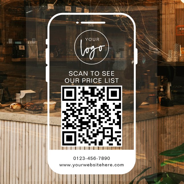 Autocollant Pour Fenêtre Code QR du logo d'entreprise blanc moderne (Fully editable white transparent window cling with space for QR code and your logo)