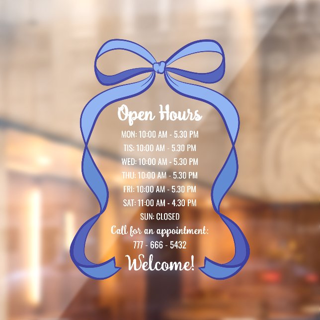 Autocollant Pour Fenêtre Coquette Blue Bow Small Business Open Hours (Feuille 2)