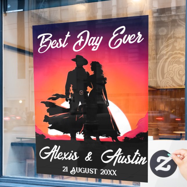 Autocollant Pour Fenêtre Cowboy et mariée au Mariage Sundown (Fenêtre de café)