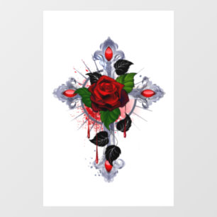 Autocollant Pour Fenêtre Croix d'argent avec une rose rouge