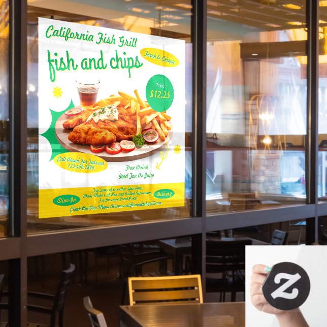 Autocollant Pour Fenêtre Customiser Promo Ventes Café Poisson Et Chips (Fenêtre du restaurant)