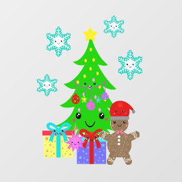 Autocollant Pour Fenêtre Cute Kawaii Face Arbre de Noël Scène 52x72 & Down