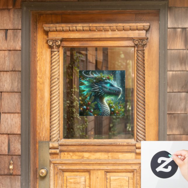 Autocollant Pour Fenêtre Dragon de Noël Turquoise Magique (Porte d'accueil)