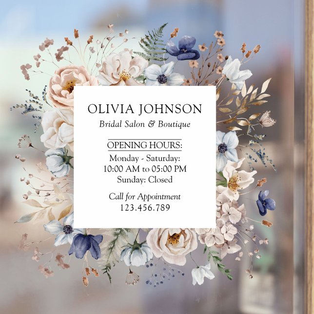 Autocollant Pour Fenêtre Elegant Pretty Beige Blue Flowers Floral Business (In situ)