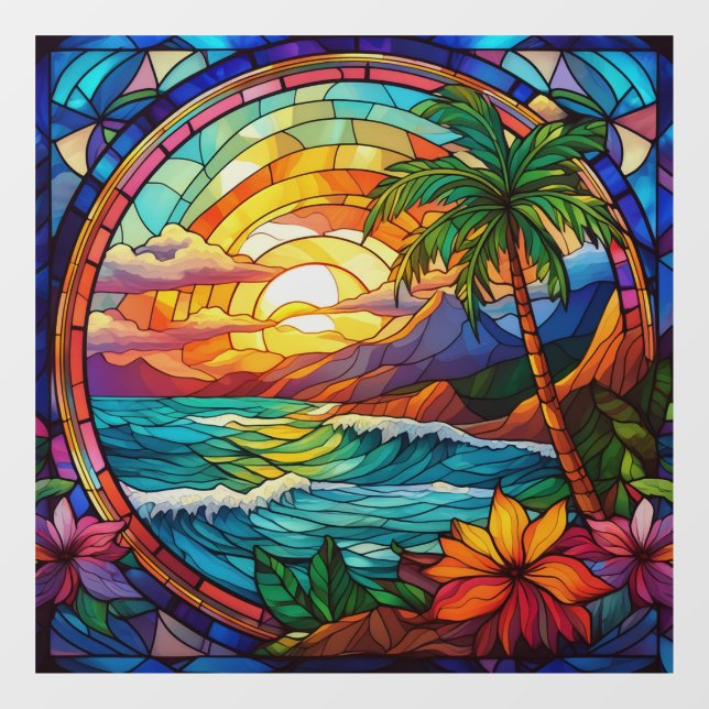 Autocollant Pour Fenêtre falaises de plage tropicale vitrail (Feuille)