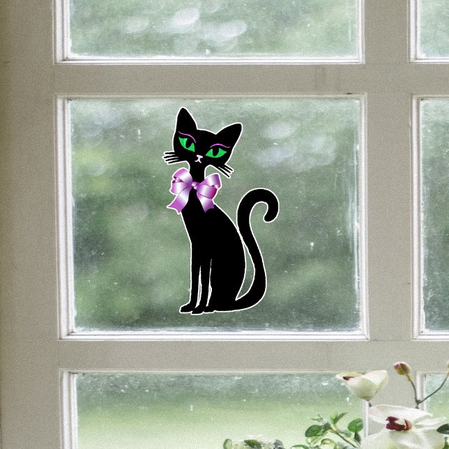 Autocollant Pour Fenêtre Fancy Pretty Black Cat Green Eyes Pink Bows (Fancy black cat green eyes wearing pretty pink bow on window cling decoration.)