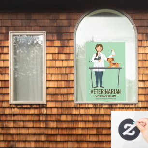 Autocollant Pour Fenêtre Femme vétérinaire & Animaux sur fond vert & Texte
