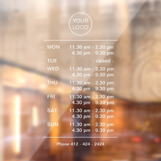 Autocollant Pour Fenêtre Fenêtre avant du magasin Heures d'affaires complex (Modern, minimalist window cling with complex business hours, logo and phone number in white.)
