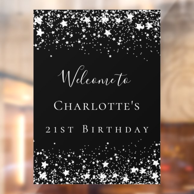 Autocollant Pour Fenêtre fête d'anniversaire noir argent étoiles bienvenue (Feuille 2)