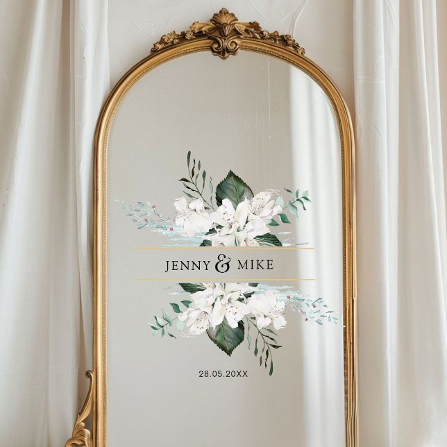 Autocollant Pour Fenêtre Fleurs blanches simples et élégantes mariage (Personalized, simple, elegant white flowers wedding window cling with your names and date.)