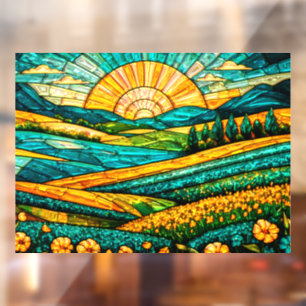 Autocollant Pour Fenêtre Fleurs dorées Campagne verte Faux vitrail