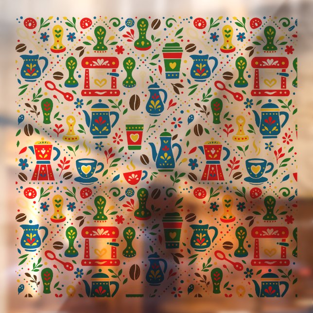 Autocollant Pour Fenêtre Folk coffee pattern on light background (Feuille 2)