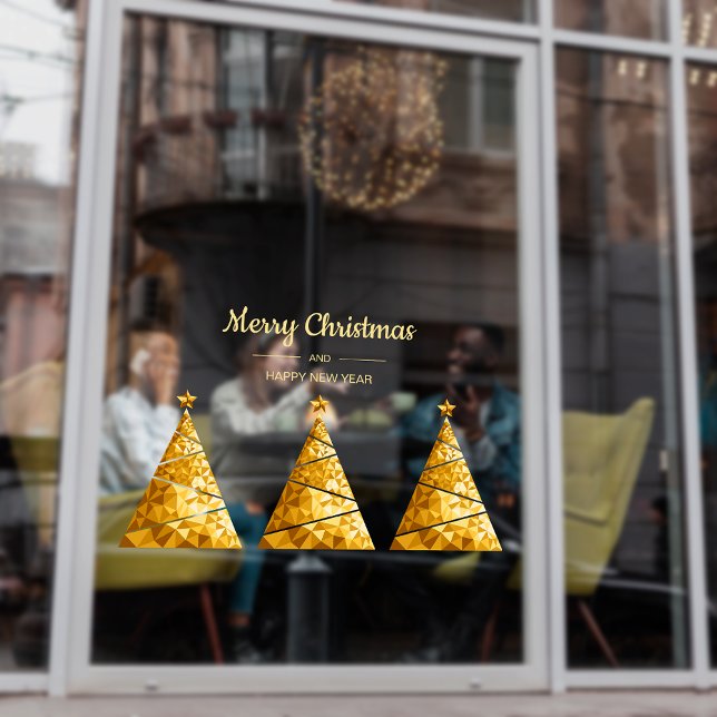 Autocollant Pour Fenêtre Géométrie dorée Arbres de Noël Fêtes d'affaires (Golden Geometry Christmas Trees Corporate Entrance Holiday Window Cling)