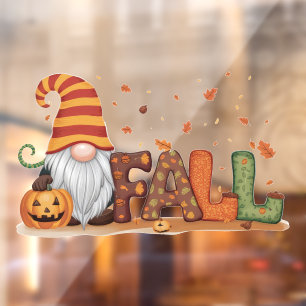 Autocollant Pour Fenêtre Gnome d'automne mignonne avec Feuilles d'érable
