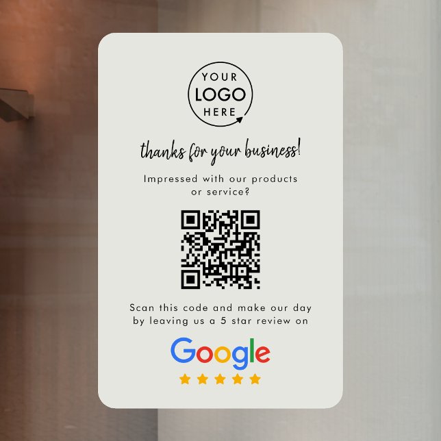 Autocollant Pour Fenêtre Google Avis | Code QR de lien de critique d'entrep (Google Review interactive QR code window cling branded with your company logo.)