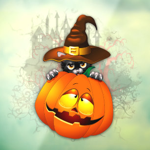 Autocollant Pour Fenêtre Halloween Cute Kitty Witch et ami Citrouille