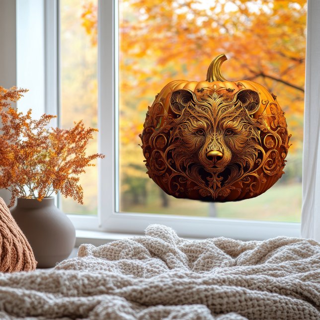 Autocollant Pour Fenêtre Harvest Guardian Bear Ornate Automne Citrouille Ar (Halloween Thanksgiving pumpkin bear carving autumn fall window cling cozy autumn aesthetic autumnal)