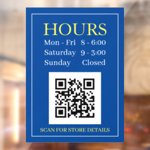 Autocollant Pour Fenêtre Heures de la Boutique Open Sign, QR Code, Dk Blue 