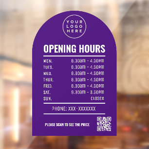 Autocollant Pour Fenêtre Heures d'ouverture avec logo code QR Arc violet